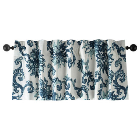 Indonesian Blue Printed Cotton Window Valance Single Panel, 50W x 19L