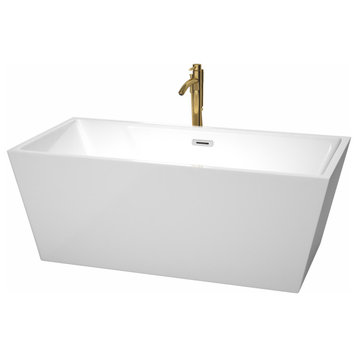 63" Sara Freestanding Bathtub, White, Chrome Trim, Floor Mounted Faucet, Gold