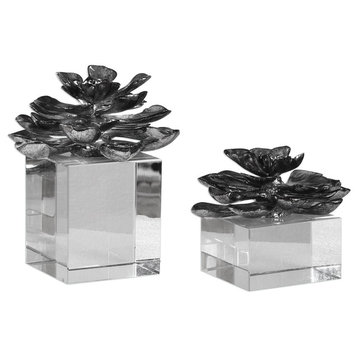Silver Flower Blossom Finial 2-Piece Set, Statue Paperweight Crystal Gift