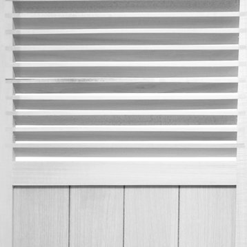 Elegant Room Divider, Double Hinged Louvered Accented Screen, White/5 Panels