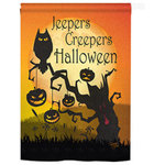 Breeze Decor - Halloween Jeepers Creepers 2-Sided Vertical Impression House Flag - Size: 28 Inches By 40 Inches - With A 4"Pole Sleeve. All Weather Resistant Pro Guard Polyester Soft to the Touch Material. Designed to Hang Vertically. Double Sided - Reads Correctly on Both Sides. Original Artwork Licensed by Breeze Decor. Eco Friendly Procedures. Proudly Produced in the United States of America. Pole Not Included.