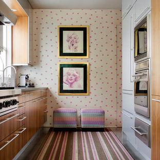 Modelo de cocina de galera, contemporánea, cerrada, sin isla, con electrodomésticos de acero inoxidable