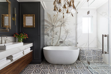 Inspiration for a mid-sized marble floor, single-sink, coffered ceiling and wallpaper bathroom remodel in Houston with flat-panel cabinets, a bidet, gray walls, a vessel sink, a hinged shower door, turquoise countertops and a floating vanity