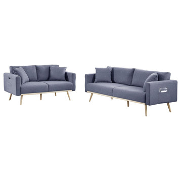 Easton Linen Sofa Loveseat Set With USB Charging Ports, Dark Gray