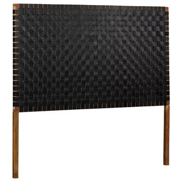 Bohemian Headboard, Natural Acacia Wood Frame With Woven Leather Panel, Black
