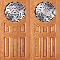 Entry Mahogany Wood 6 Panel Moulding Circle Modern Double Door - Front Doors