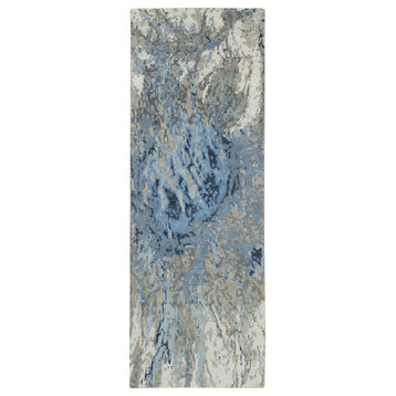 Gray and Blue Abstract Design Wool and Silk Hand Knotted Runner Rug 2'7"x8'1"