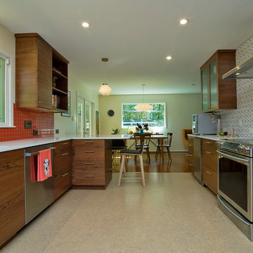 Walnut Midcentury KItchen with Orange Accents