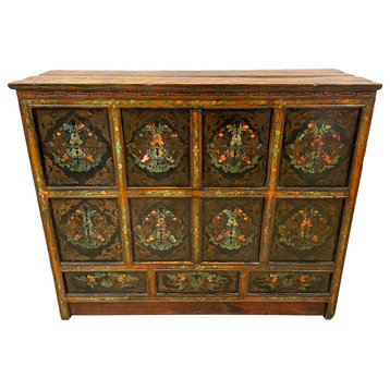 Consigned 19th Century Antique Tibetan Hand Painted Credenza Storage Cabinet