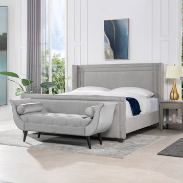 Elle Wingback Upholstered Panel Bed, Silver Grey Polyester, King