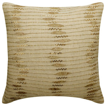 Handmade 26"x26" Zardozi Beige Gold Linen Cushion Cover, Gold Twinkling