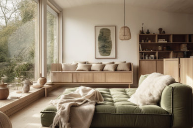 Cette photo montre une grande chambre parentale blanche et bois tendance avec un mur blanc, parquet clair, aucune cheminée et un plafond en bois.