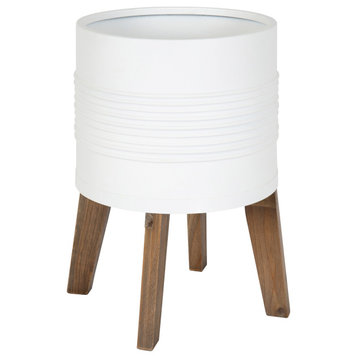 Gavri Metal Planter with Wood Stand, White