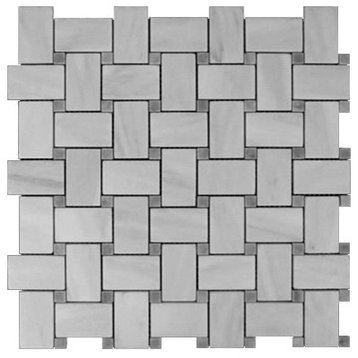 12"x12" Carrara Marble Bianco Basketweave Mosaic Tile, Bardiglio Gray Dots Honed