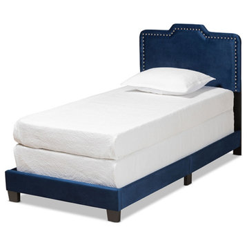 Benjen Glam Navy Blue Velvet Fabric Upholstered Twin Size Panel Bed