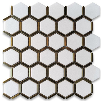 Thassos White Marble 2 inch Hexagon Mosaic Tile w/ Brass Strips Honed, 1 sheet
