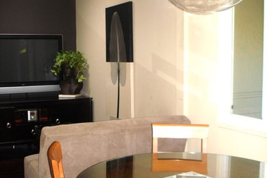 Inspiration for a small eclectic medium tone wood floor great room remodel in San Francisco with beige walls