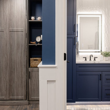 Basement – Custom Navy Vanity – Wood Shelving