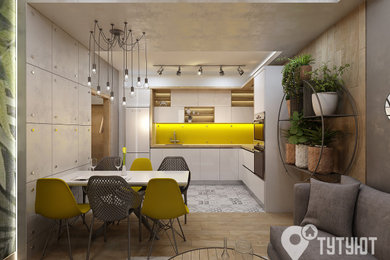 Кухня-гостиная в стиле лофт с желтым акцентом