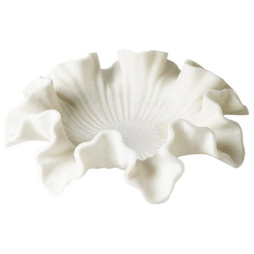 Ornate Carved White Ruffle Solid Marble Bowl 18" Decorative Centerpiece Scallop