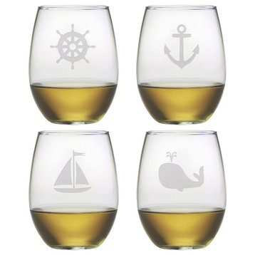 Nautical Icons 4-Piece Stemless Wine Glass Set