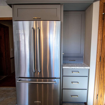 2 Tone Gray Kitchen with Quartz Countertop and Crackle Tile Backsplash