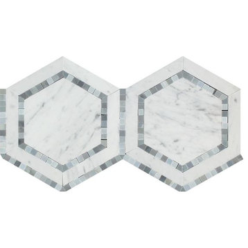 Carrara White Marble Honed 5" Hexagon Combination Mosaic Tile w / Blue-Gray