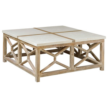 Open Light Weathered Wood Coffee Table Stone Top X Natural Minimalist Square