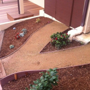 Decomposed Granite Walkway, Wood Deck, Mulch, Plants