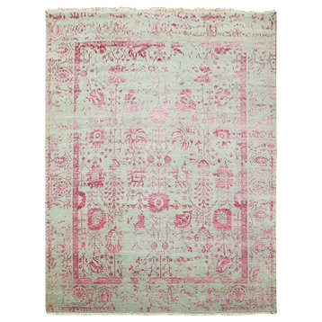 Beige and Pink Persian Tabriz Design Wool and Silk Hand Knotted Rug, 8'10"x11'3"