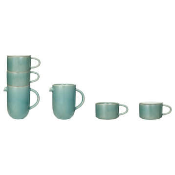 Round Stoneware Pitcher With Stackable Mugs and Lid, Aqua