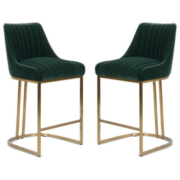 Home Square 2 Piece Velvet Counter Height Bar Stool Set in Forest Green
