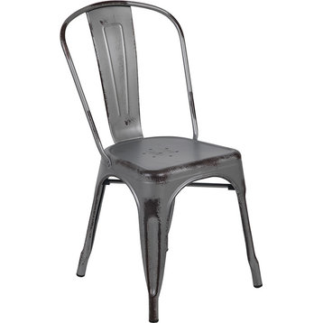 Distressed Silver Gray Metal Indoor/Outdoor Stackable Chair