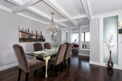 Inspiration for a mid-sized transitional dark wood floor and brown floor dining room remodel in Toronto with gray walls and no fireplace