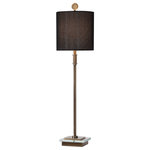 Uttermost - Uttermost's Volante Antique Brass Table Lamp Designed by Matthew Williams - Sleek Modern Lines Complete This Sophisticated Design Featuring A Delicate Iron Base Finished In A Plated Antique Brass Accented With A Thick Crystal Slab And A Heavy Disk Finial. A Round Hardback Drum Shade In A Black Linen Fabric Completes This Versatile Piece.&nbsp