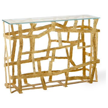 Metal Strips Open Modern Accent Console Table Hall Tempered Glass Top Abstract, Distressed Gold Leaf