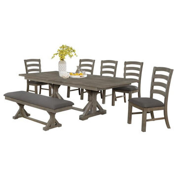7pc Rustic Gray Brown Wood Dining Set with Gray Linen Bench and Chairs