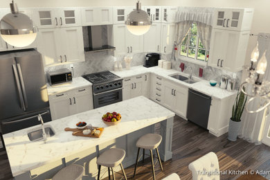 トロントにある低価格の中くらいなトランジショナルスタイルのおしゃれなキッチン (アンダーカウンターシンク、シェーカースタイル扉のキャビネット、白いキャビネット、大理石カウンター、白いキッチンパネル、大理石のキッチンパネル、シルバーの調理設備、濃色無垢フローリング、茶色い床、白いキッチンカウンター) の写真