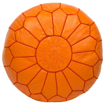 Embroidered Leather Pouf, Orange
