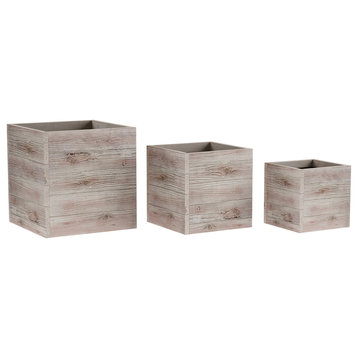 3-Piece Square Planter Set - Rustic Wood-Look Fiber Clay Pots