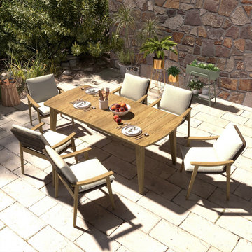 7 Pieces Outdoor Patio Dining Set with Teak Wood Table and Chair in Natural & Gr