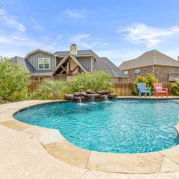 Freeform Pool, beach entry and rock waterfall