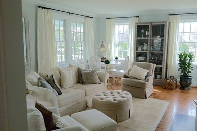Example of a mid-sized transitional open concept medium tone wood floor family room design in Other with blue walls, no fireplace and no tv