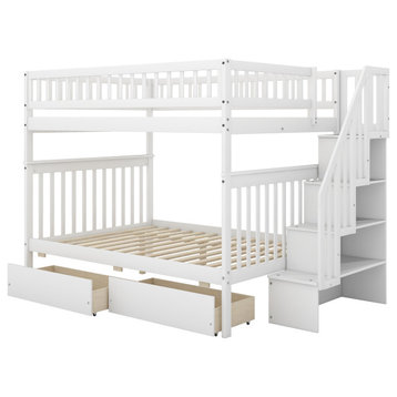 Gewnee Full Over Full Bunk Bed with Drawers and Staircase in White