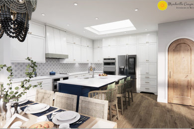 Design ideas for a medium sized classic kitchen/diner in Other with a single-bowl sink, shaker cabinets, white cabinets, engineered stone countertops, blue splashback, marble splashback, stainless steel appliances, vinyl flooring, an island, brown floors, white worktops and a vaulted ceiling.