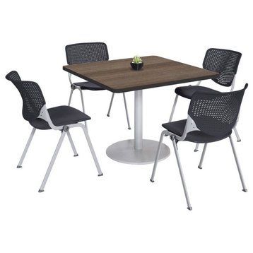KFI 36" Square Dining Table - Teak Top - Silver Base - Kool Chairs - Black