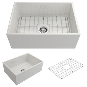 Contempo Farmhouse Kitchen Sink With Grid and Strainer, White, 27"