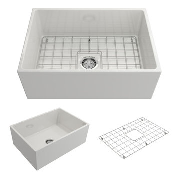 Contempo Farmhouse Kitchen Sink With Grid and Strainer, White, 27"