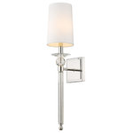 Z-Lite - Ava One Light Wall Sconce, Polished Nickel - Capture the upscale elegance of a wall-mounted fixture that delivers ambient lighting as it updates the look of a bathroom bedroom or hallway. Made from polished nickel finish steel crystal and topped with a sleek white fabric shade this one-light wall sconce embellishes a classic design scheme with a traditional lamp motif and artistic crystal accents.