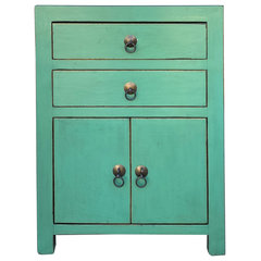 Distressed Teal Green Blue Flowers Graphic 4 Drawers End Table Nightstand cs7357S Distressed Teal Green Blue Flowers Graphic 4 Drawers End Table Nightstand cs7357S